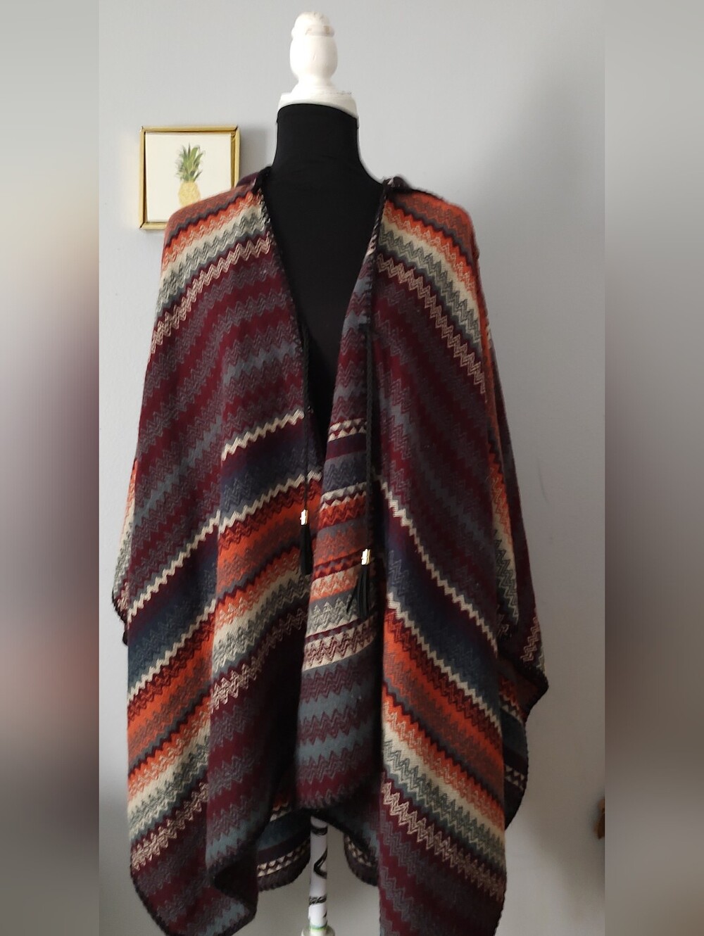 Hooded Chevron Knit Poncho in Burgundy & Rust - Picture 8 of 11